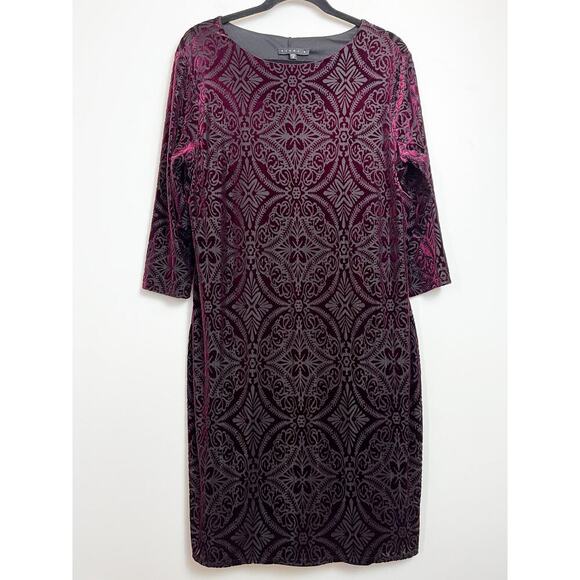 Tiana B. Velvet Burnout Dress Deep Purple Wine Burgundy Lined 16 Holiday Stretch - Picture 1 of 12